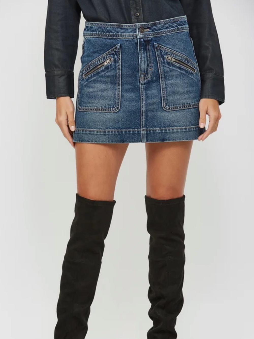 Women's Blue Denim Mini Skirt with Front Zip Pockets
